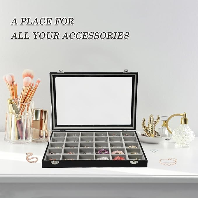 Stratalife Jewelry Organizer Earring Holder Jewelry Tray Earring Storage Organizer Display Rock Collection Box Jewelry Storage For Women Girls 30 Grid (Gray Black)