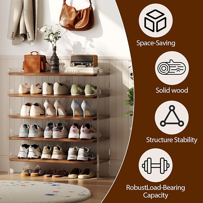 Free Standing Shoe Rack, Closet Shoe Storage Shelves for Entryway Small Space, Garage & Living Room, Wooden Shoe Stand, 5-Tier Modern Shoe Organizer, Solid Wood & Acrylic Frame with Top Shelf