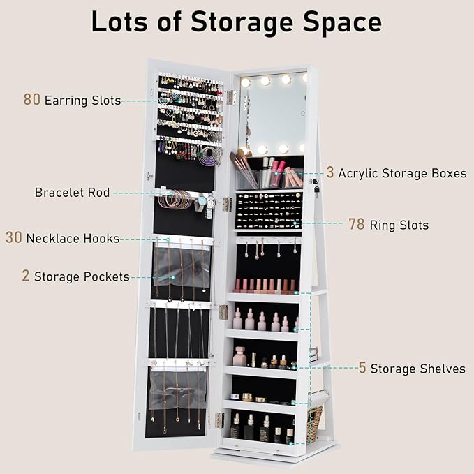 CHARMAID Swivel Jewelry Armoire with Full-Length Mirror & Lighted Makeup Mirror, 360° Rotating Jewelry Cabinet Organizer for Earrings, Rings, Necklaces, Bracelets, Back Storage Shelves (White)