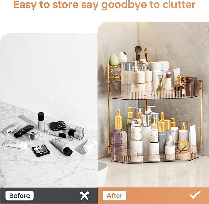 Corner Bathroom Counter Organizer with Makeup Brush Holder & Toothbrush Holders, Makeup Organizer for Vanity Countertop, Acrylic Skincare Storage Shelf (Amber, 2-Tier)