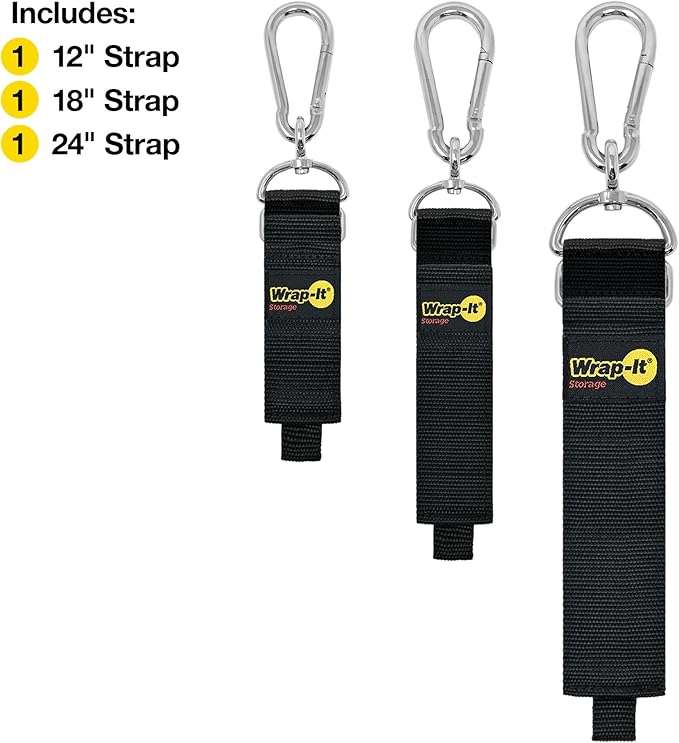 Hook 'n Hang Wrap-It Storage Straps - Assorted 3-Pack Black - Heavy Duty Extension Cord Holder with Hooks for Cord or Garden Hose Storage