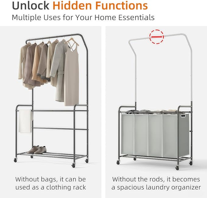 ROMOON Rolling Laundry Basket Organizer with Hanging Clothes Rack: 4 Section Laundry Hamper Sorter with Hanging Bar and Heavy-duty Lockable Wheels - Clothes Rack with Laundry baskets, 2025 Upgrade