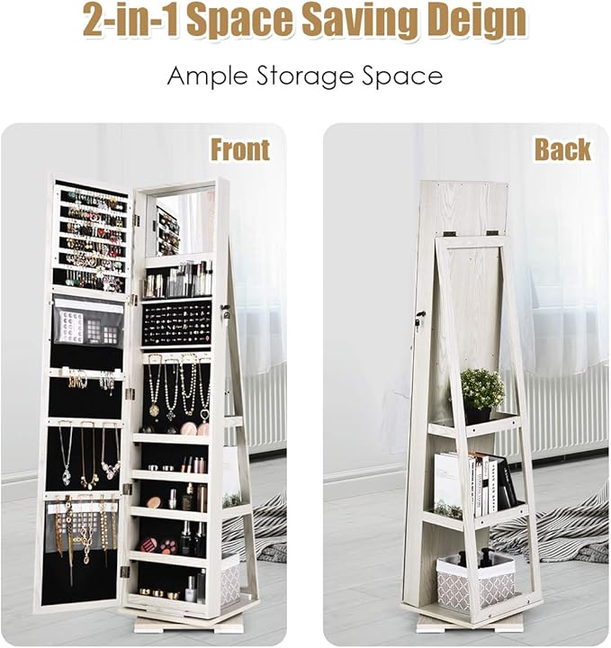 CHARMAID 360° Swivel Jewelry Armoire with Higher Full Length Mirror & Inside Makeup Mirror, Standing Lockable Jewelry Cabinet Organizer, Large Capacity, Back Storage Shelves (Grayish White)