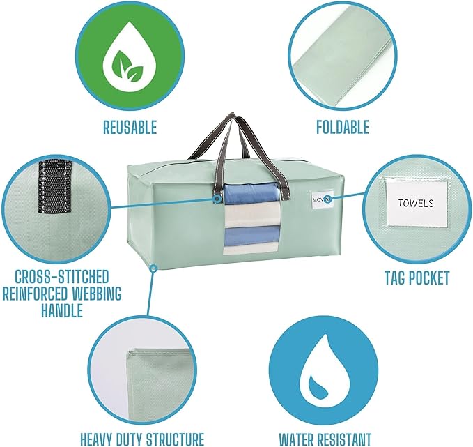 VENO 10 Pack Heavy Duty Moving Bags, Christmas Storage Bins with Lids, Transparent Window Design, Alternative to Moving Boxes, Storage Bags for Clothes, Blankets, Comforters(Shiny Light Green,10 Pack)