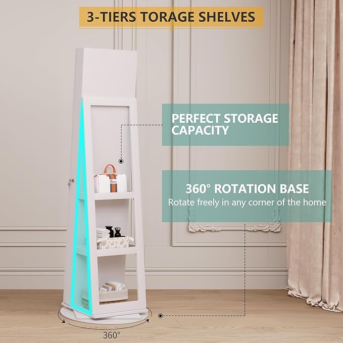 Vlsrka 360° Swivel Mirror Jewelry Cabinet, Large Jewelry Armoire Cabinet Standing, Lockable Full Length Mirror with Storage, 3 LED Lights, Foldable Makeup Shelf, Beige Velvet, White