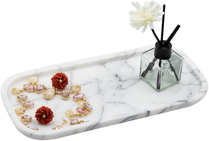 Marmor Real Natural Marble Bathroom Tray for Perfume, Candles, Jewelry Stone Vanity, Bathroom & Kitchen Counter Organizer and Home Decor Statuario White（11.41 * 5.51 * 0.7）