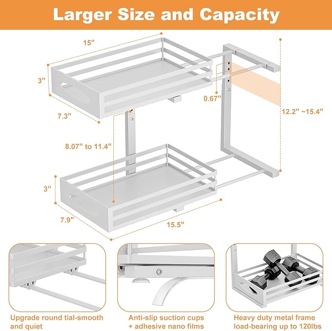 Under Sink Organizer, 2 Tier Under Sink Organizers and Storage, Adjustable Height, Slide out Metal Cabinet Organizers, Pull out Cabinet Storage Drawer Shelf for Kitchen Bathroom 2Pack