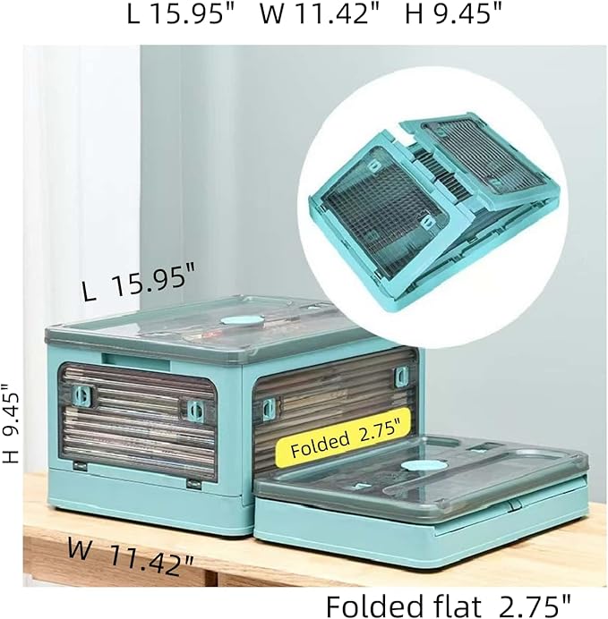 24Quart (2Pack) 15.95x11.42x9.45 Transparent Collapsible Storage Bin Blue, Wheeled Foldable Organizer for Home Clothes Toys Snacks