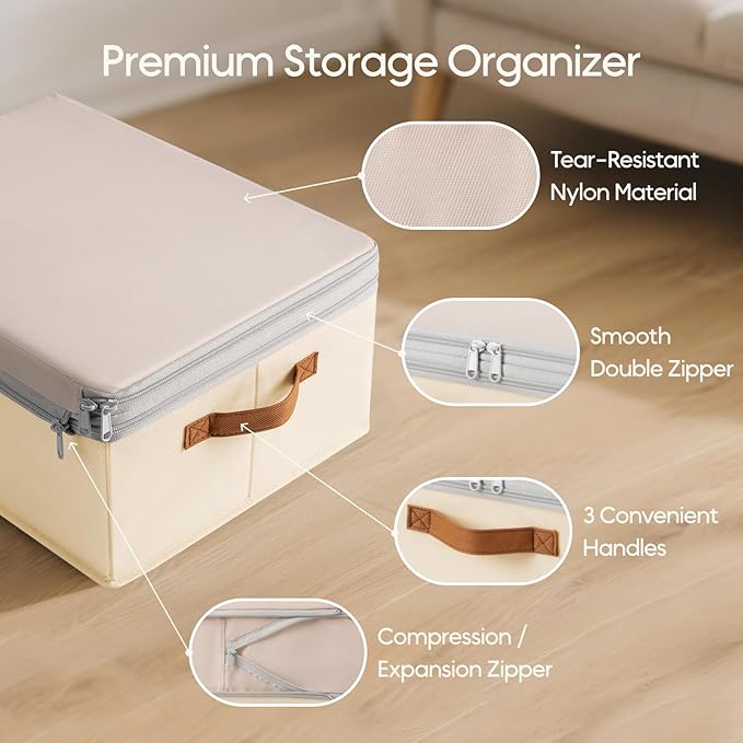 Large Closet Storage Bins - Compression Organizer Bins, Stackable Closet Organizer, Expandable Under Bed Storage Containers for Clothes, Towels, Sheet, 2 Pack, Beige