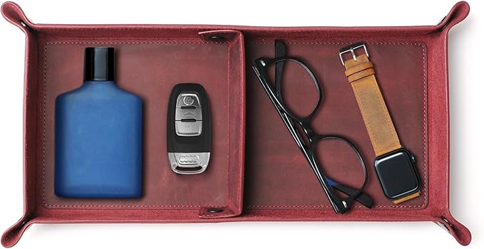 Handmade Leather Catch All Tray, Customizable Handcrafted Genuine Leather Valet Tray and Organizer for Keys, Phones, Jewels, Coins, Rectangular, Purple
