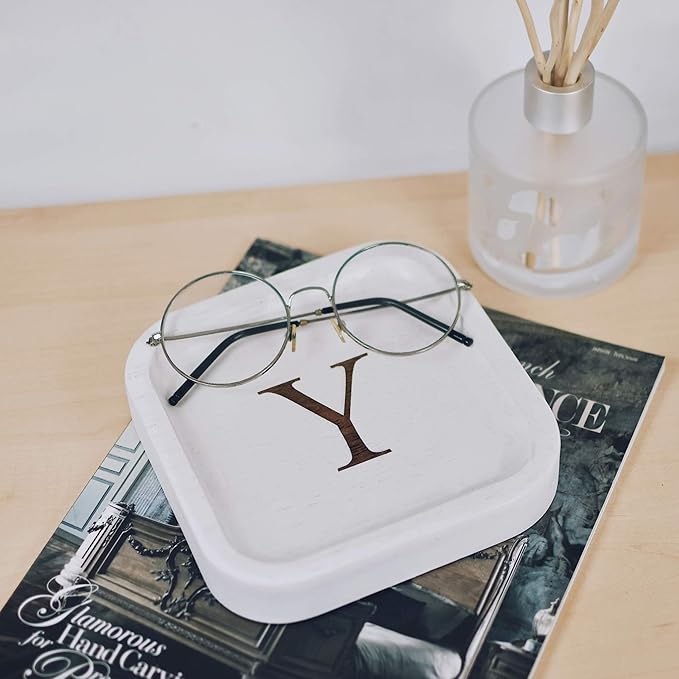 I'm Wooden Personalized Letter Catchall Valet Tray Trinket Dish Jewelry Tray Key Bowl Decorative Plate Organizing Ring Earrings Necklaces Bracelet Watch Coins Wallet Holder (6"x6" Sq White Y)