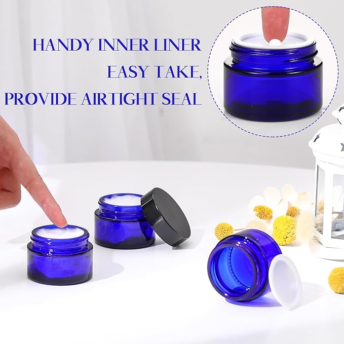 Domensi 60 Pcs 1oz Glass Jars with Lids Bulk Salve Tins Winter Cream Container Small Glass Candle Cosmetic Jars for Travel Lip Balm with Inner Liners for Lotion Sample Cream(Cobalt Blue, Black Lid)