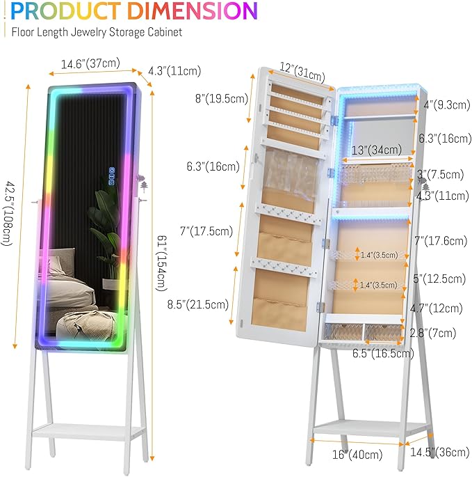 LVSOMT LED Mirror Jewelry Cabinet, Large Jewelry Armoire Cabinet Standing, Lockable Full Length Mirror with Jewelry Storage, Space-Saving Jewelry Organizer Mirror, 14 RGB Lights, White