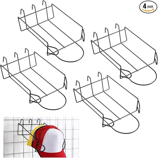 4 Pcs Gridwall Hat Display Rack, Metal Wire Retail Display Shelves Gridwall Organizer Accessories for Grid Panel Displaying Baseball Hats for Home Commercial, Black