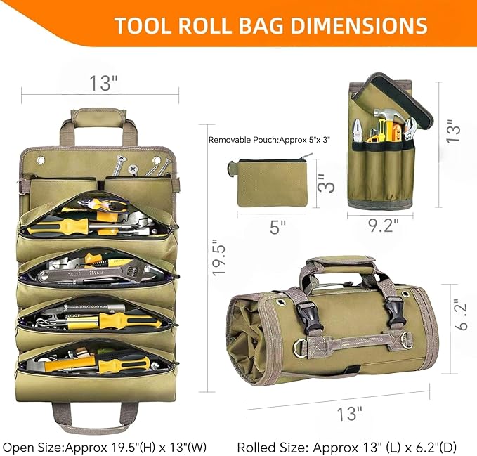 Roll Up Tool Bag-Tool Roll Organizer Heavy Duty Portable Tool Roll Bag for Mechanic Handyman Electrician Motorcycle Tools, Durable Tool Storage Gift for Men, Dad Birthday Gift