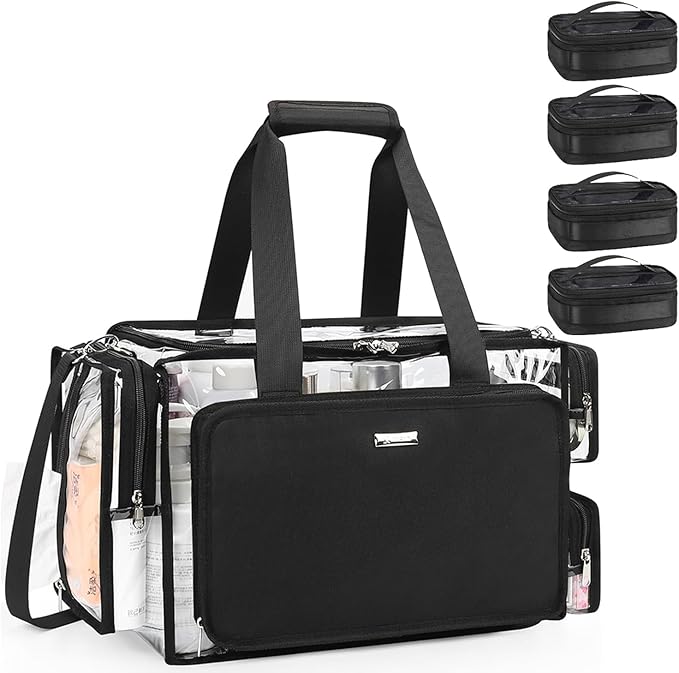 Relavel Clear Makeup Bag with 4 Small Pouches, Extra Large Makeup Artist Kit Set, Cosmetic Storage Organizer Transparent Tote Beach Toiletry Bag with Adjustable Dividers & Shoulder Strap