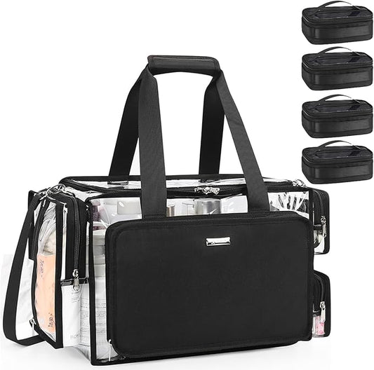Relavel Clear Makeup Bag with 4 Small Pouches, Extra Large Makeup Artist Kit Set, Cosmetic Storage Organizer Transparent Tote Beach Toiletry Bag with Adjustable Dividers & Shoulder Strap