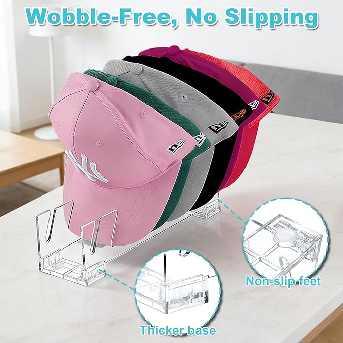2 Pack Acrylic Hat Organizer for Baseball Caps, Clear Hat Stand for Closet Dresser Bedroom and Shelf - Non-Slip Cap Holder Displays and Holds Up to 14 Tennis or Trucker Hats