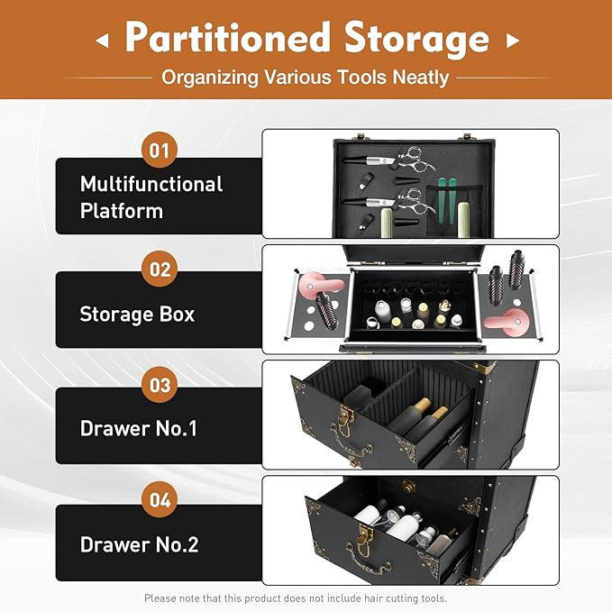 Rolling Lockable Makeup Train Case,Large Cosmetic Organizer Train Case Makeup Travel Case with 360° Swivel Wheels, Trolley Makeup Travel Organizer,Black