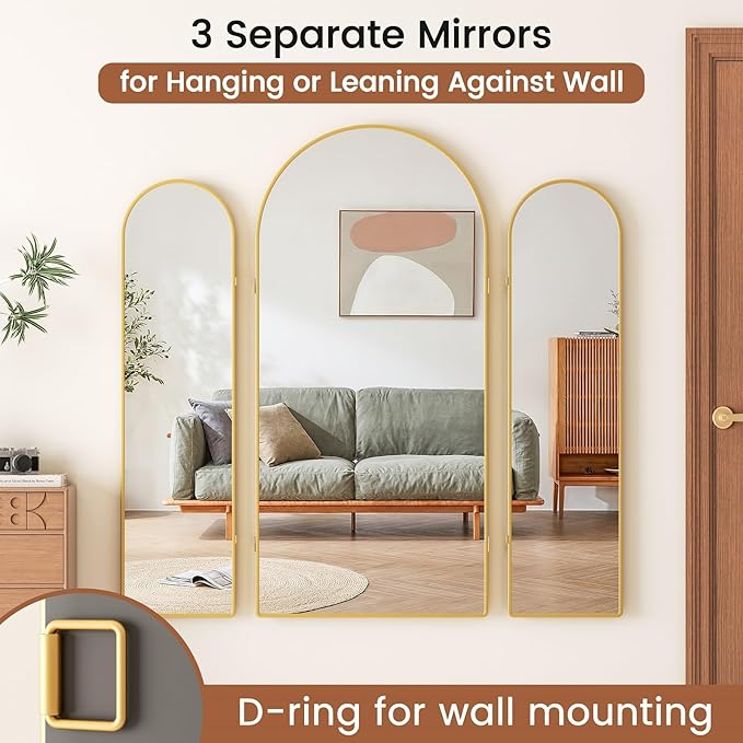 3 Way Arched Full Length Mirror Free Standing, 71"x 67" Large Modern Trifold Mirror, 3-in-1 Detachable Panel Tempered Glass & Metal Frame, for Dressing Room, Bridal Shop,Clothing Store (Gold)