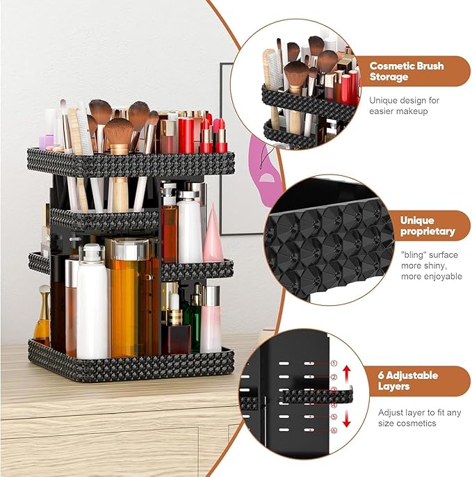 360 Rotating Makeup Organizer - Black Acrylic Makeup Storage for Vanity, Cosmetic Organizer with Lotion and Perfume Holder for Dresser