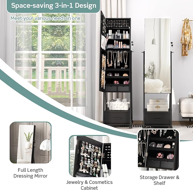 CHARMAID Rolling Jewelry Cabinet with Full Length Mirror, 62'' Floor Standing Jewelry Armoire with Wheels and Metal Frame, Lockable Jewelry Organizer with Large Storage Drawer (Black)
