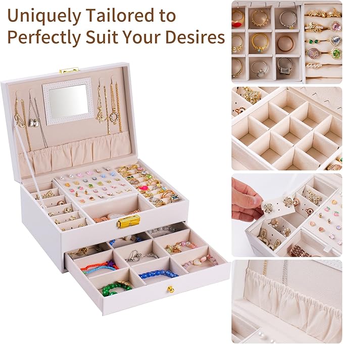 Jewelry Box, 2 Layer Jewelry Organizer with Velvet Earring Organizer, Jewelry Holder Organizer Travel, White Jewelry Boxes for Women, Jewelry Boxes & Organizers for Girls, Christmas Gifts