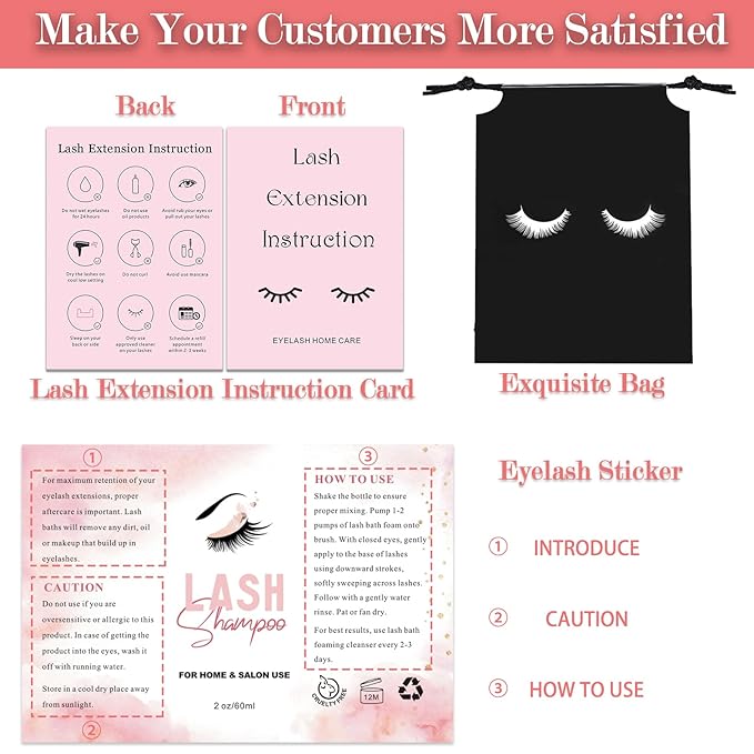 60PCS Lash Shampoo Bottles and Brushes Set, 10pcs Foam Pump Dispenser, Lash Cleaning Brush, Eyelash Extension Tube Brush, Instructions Cards, Bags, Lash Shampoo Stickers for Lash Business (B-black)