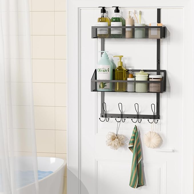 Over The Door Hooks Organizer, Over The Door Shower Caddy, Over The Door Towel Rack Back of Storage with 12 Hooks & 2 Mesh Baskets Door Hanger Organizer for Bathroom,Kitchen,Bedroom(Black)