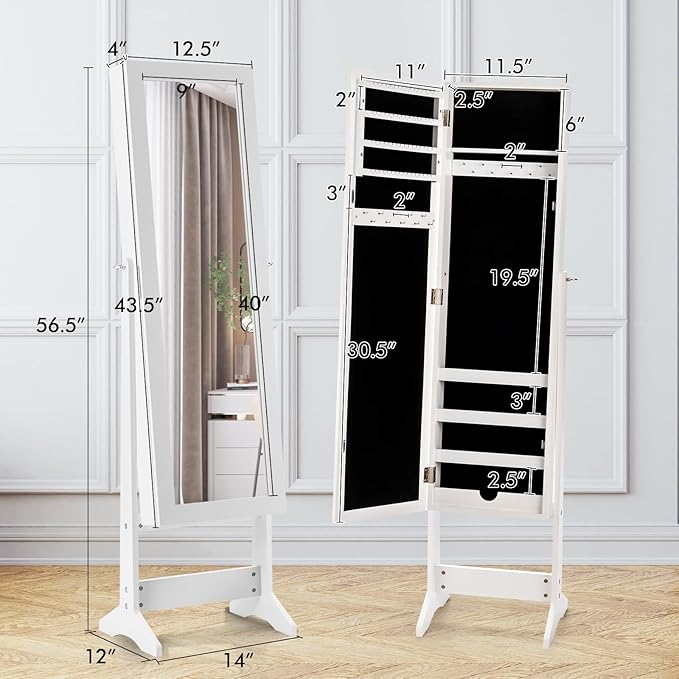 COSTWAY Jewelry Armoire, Standing Jewelry Organizer with Full-length Mirror & 3 Adjustable Angles for Bedroom, Dressing Room (White)
