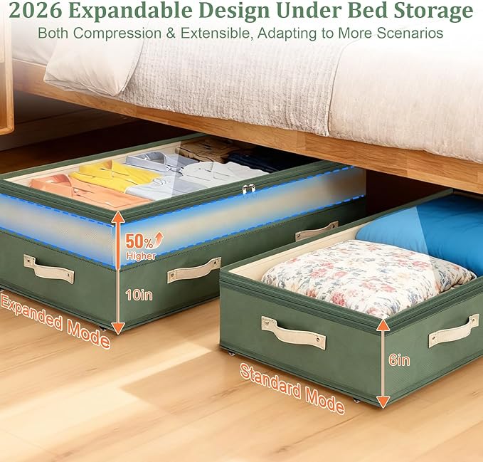 Dolicer 4 Pack Under Bed Storage with Wheels, 6in-10in Height Adjustable Underbed Storage Containers, 92L XXXL Under Bed Drawers Rolling Bin with Clear Lids for Dorm Shoes Clothes Organizers(Green)