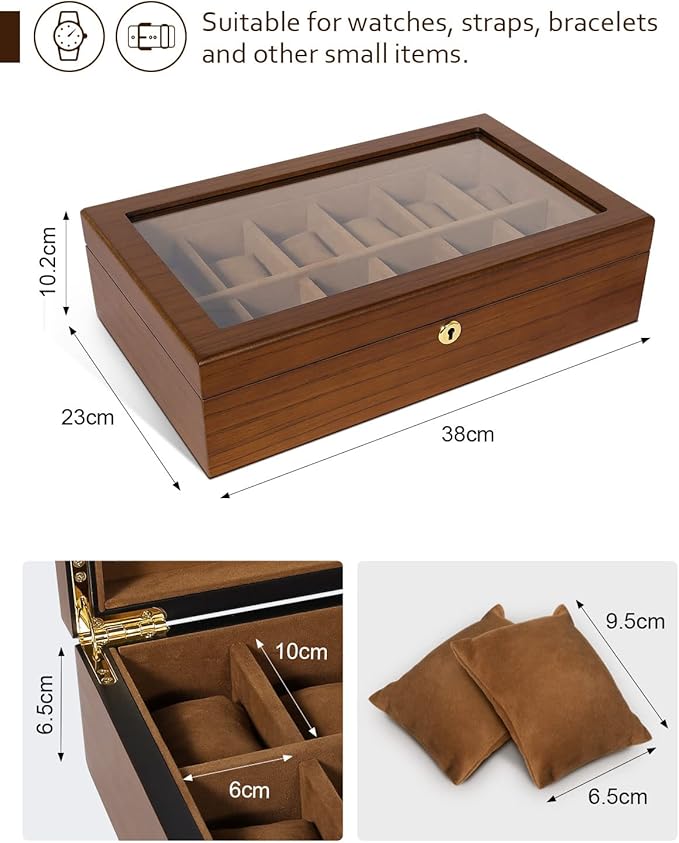 Uten Watch Box with 12 Slots, Watch Case Organizer with Golden Lock and Key, Wooden Watch Display Storage Box with Removable Watch Cushions, Velvet Lining, Metal Clasp