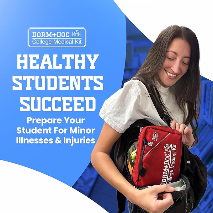 College First Aid Kit – Compact Emergency Medical Kit for Dorm Rooms, School, Sports – with Bandages, OTC Medicines for Relief, Gauze, Quick Care Set – Portable Health Kit - 175 PCS, Red