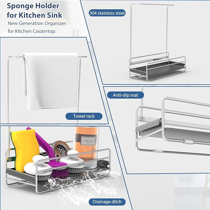 KABUM 304 Stainless Steel Sponge Holder with Towel Rack for Kitchen Sink, Sink Caddy with 4 Non-Slip Silicone Pads, Kitchen Essential Countertop Storage & Organization, Rustproof 304 Stainless Steel