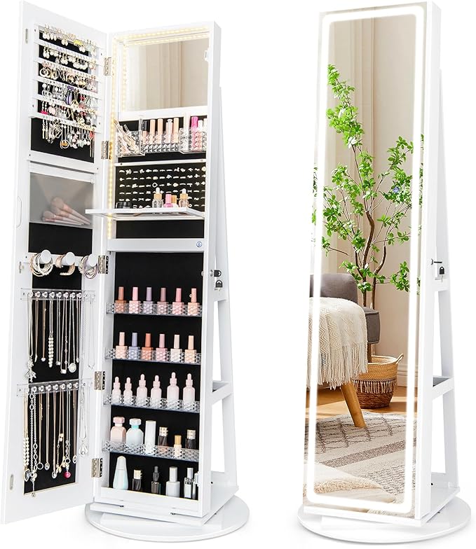 GOFLAME 360° Swivel Jewelry Cabinet Armoire with Full Length Mirror, Standing Jewelry Storage Organizer with Rear Storage Shelves, 3-Color LED Lights, Foldable Shelf, Interior Mirror, White