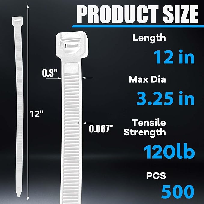 500 Pcs 12 Inch Zip Ties Heavy Duty 120 Lbs Tensile Strength White Nylon Wire Cable Ties Bulk for Indoor Outdoor