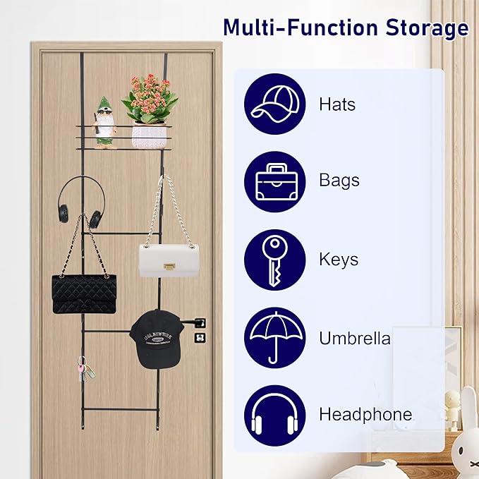 Over the Door Purse Organizer with 16 Hooks and Storage Basket, Wall Mounted Handbag Organizer, Purse Organizer for Closet Holds up to 16 Bags, Purse Holder for Door Has Split Design