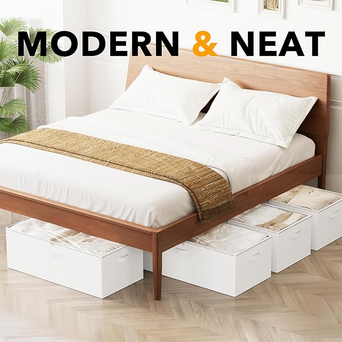 SpaceAid 4 Pack 10" High Under Bed Storage Containers, Large Underbed Storage Organizer Bins with Lids for Bedroom, Dorm, Clothes, Closet Organization, Bed Sheets and Blankets (White)