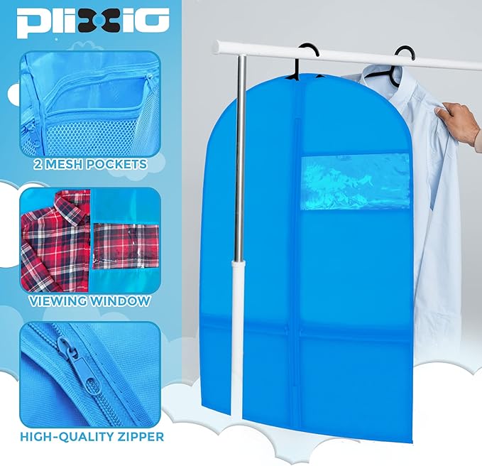 Plixio 36" Kids Garment Bags for Dance Costumes, Childrens Hanging Clothes, Uniform, Suits, Boys Recital Outfit Organizer - Dance Garment Bags For Dancers with Zippered Pockets (6 Pack : 36", Blue)
