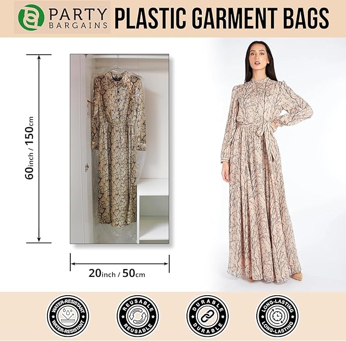 PARTY BARGAINS 60 x 20 Inch Disposable Clear Garment Bags, 100 Pack – Heavy-Duty Plastic Clothes Covers for Suits Dresses Coats, Closet & Travel