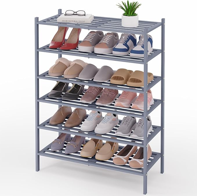 Smiry Bamboo Shoe Rack 6-Tier, Stackable Wooden Shoe Organizer for Entryway & Closet, Free Standing Wood Shoe Storage Shelf for Front Door & Small Spaces, Grey