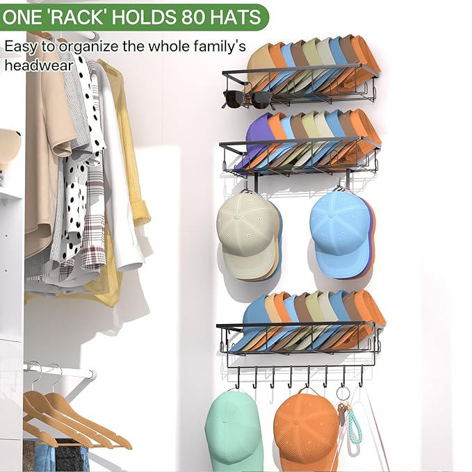 3 Pack Hat Rack for Wall - Hat Organizer for Baseball Caps Wall Mounted Space Saving Hat Shelf for Hats, Caps, Scarves, Keys & More,Durable Hat Holder Suitable for Entryways, Bedrooms,Closets