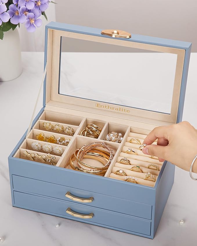 Jewelry Box with 2 Drawers: Jewelry Display Organizer for Earrings Necklaces - Gifts for Girls Women (Grey Blue)