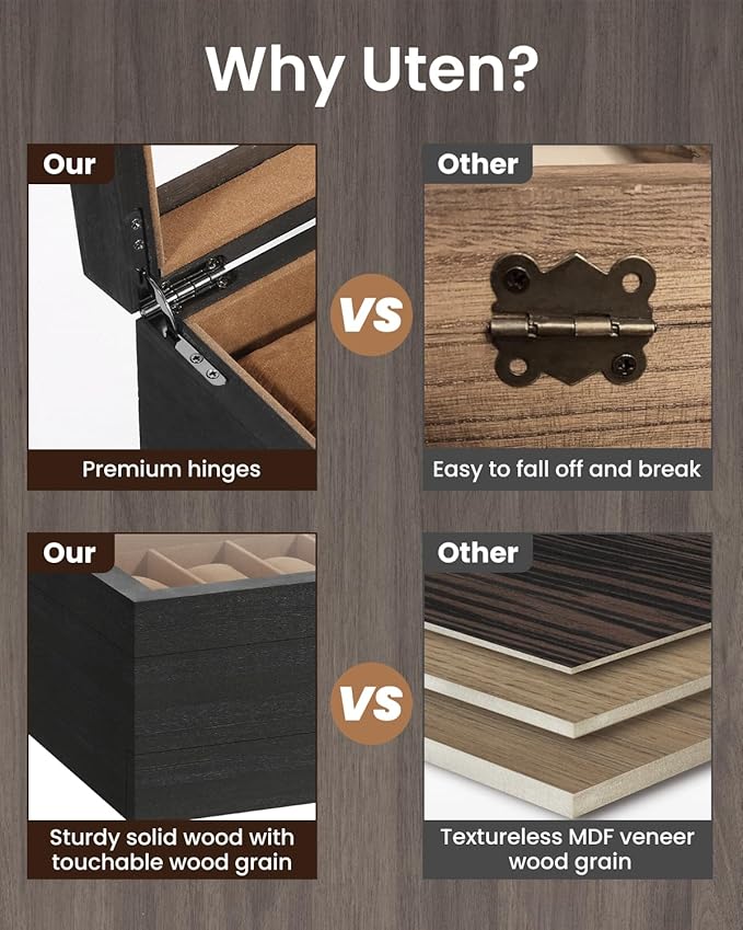 Uten 12-Slot Watch Box, 2-Layers Solid Wood Watch Display Case with Glass Lid, Watch Holder Organizer with Soft Pillow and Velvet Lining, Watch and Jewelry Storage Box