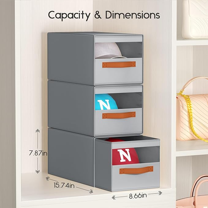 Hat Organizer for Baseball Caps - 2 Pack Pull-Out Drawer Hat Storage Organizer Box with Clear Window, Stackable Closet Cap Holder, Baseball Cap Organizer for Closet, Bedroom, Home, Gray