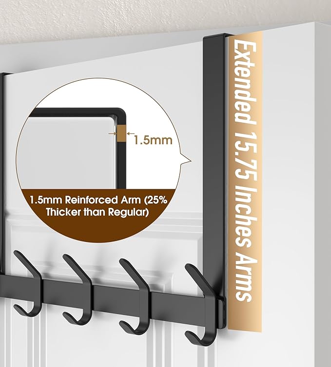 KitchLife Over The Door Hooks Hanger with 15.75 inches Extended Arms, Fit for 1-3/4" Doors, J40U, Thickened Bathroom Towel Rack Organization, 1 Pack Double-Hook, Matte Black