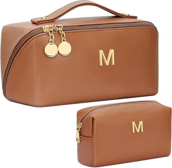 Valentine's Day Gifts for Women Teen Girl, Personalized Initial Makeup Organizer Bag Set, Open Flat Travel Cosmetic Bag With Clear Divider and Handle(Brown,M)