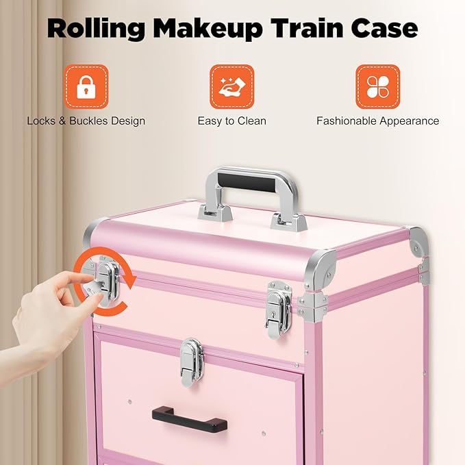Professional Rolling Makeup Train Case with Drawers, Large Cosmetic Trolley with Locks,Cosmetic Trolley Organizer Case for Travel Makeup/Nail Art/Hair Styling (Pink)