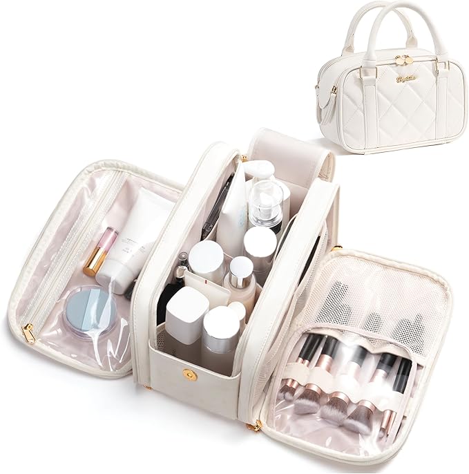 Travel Makeup Bag, Large Capacity Quilted Toiletry Bag for Women Stand-up Cosmetic Bag Open Flat Make Up Case Organizer Portable Pouch Purse w/Handle for Traveling Accessories Ivory White