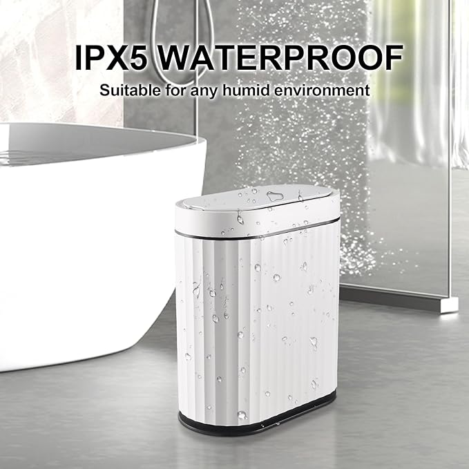 ELPHECO Bathroom Trash Can with Lid 2 Gallon Small Sensor Garbage Can, Slim Smart Trash Bin, Waterproof Automatic Wastebasket, Narrow Plastic Garbage Bin for Bathroom, Black and White